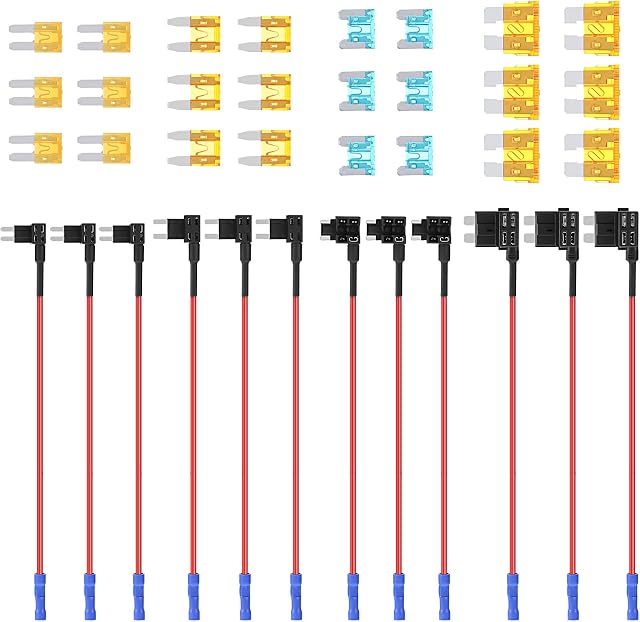 36pcs Car Fuse Tap Set, 4 Types 12V Piggy Back Fuses Mini Adding a Circuit Adapter Fuse Kit Fuse Holder Mini Low Profile Tap Adapter for Cars Boats Trucks