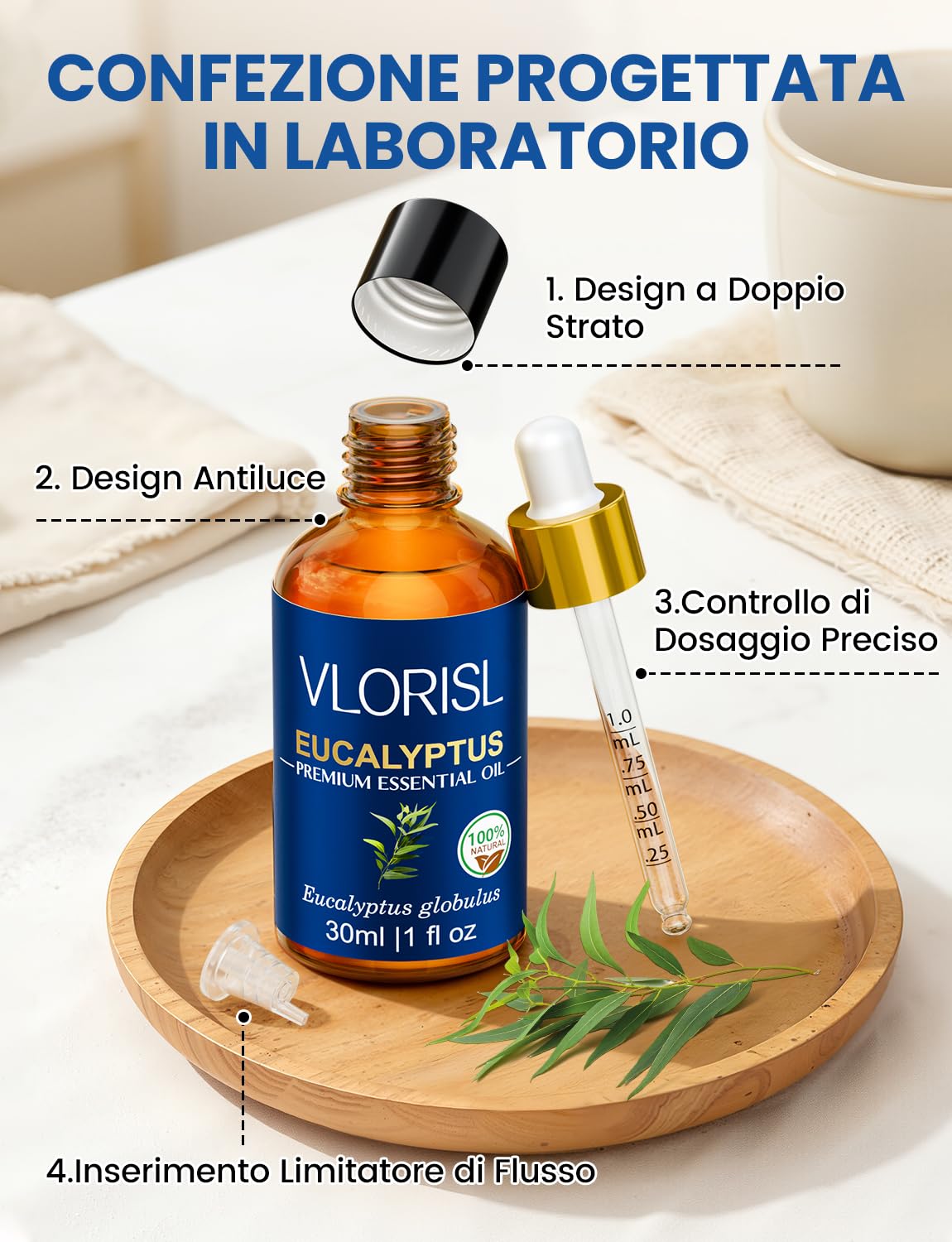 Olio Essenziale di Eucalipto 30ML, Aroma Fresco e Naturale, per Diffusore, Bagno, Sauna e Aromaterapia