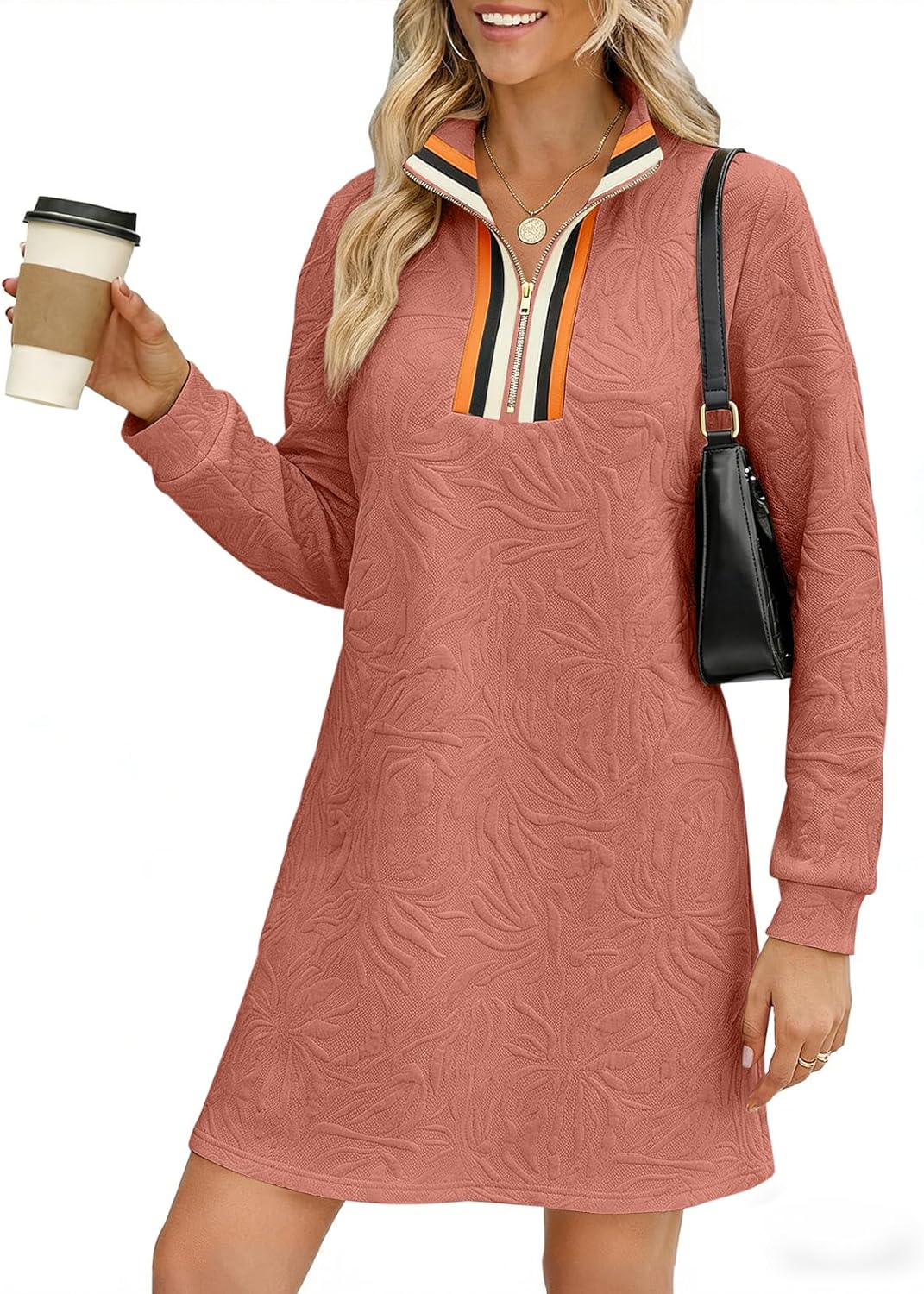 BLENCOT Dresses for Women 2025 Casual Half Zip V Neck Spring Mini Sweater Dress Long Sleeve Fashion Sweatshirt Outfits