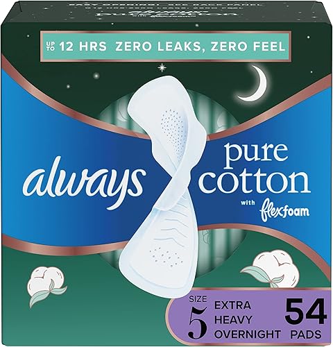 Always Algodón puro, almohadillas femeninas para mujer, talla 5, absorción extra pesada durante la noche, paquete múltiple, con espuma flexible, con