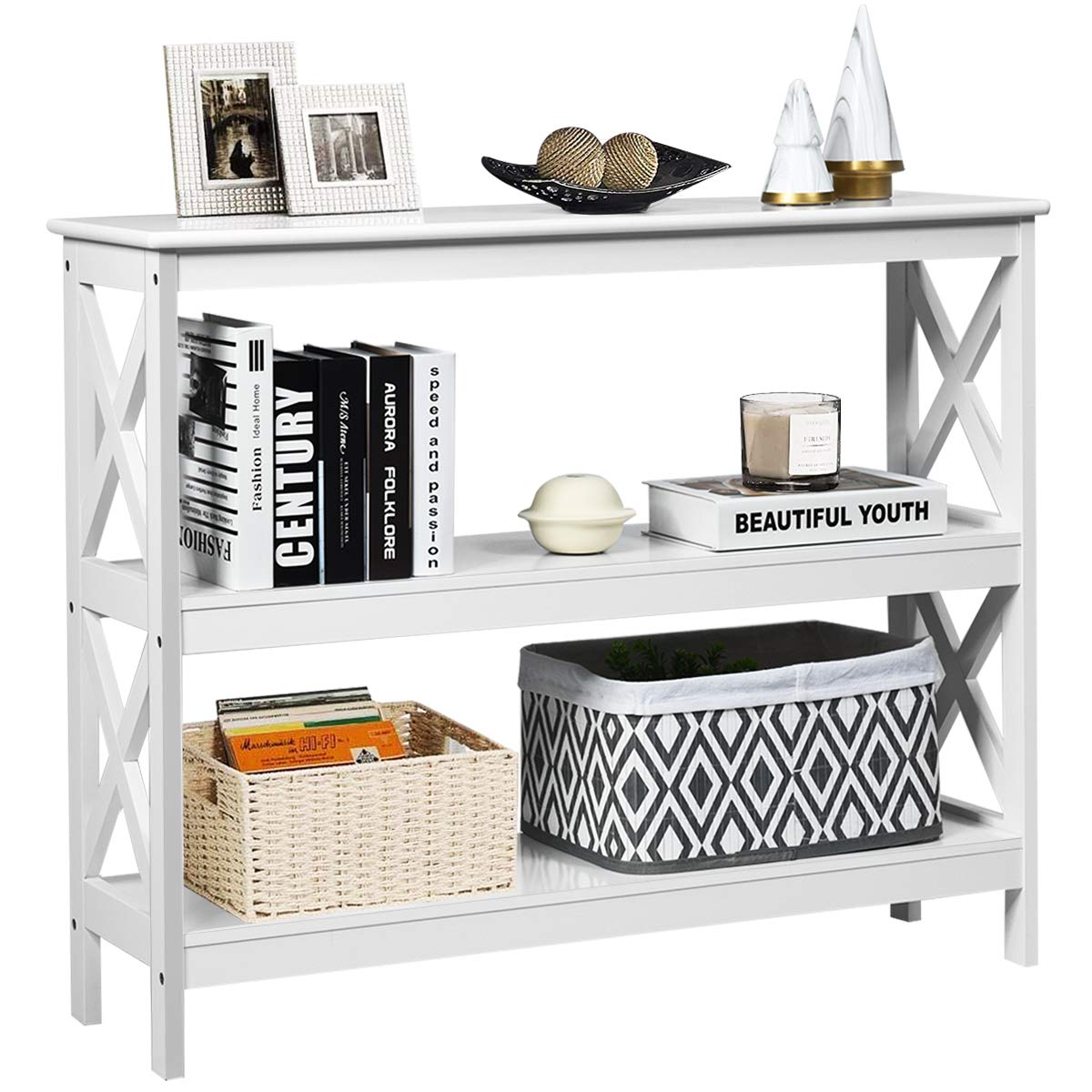 GOPLUS Consola de 3 Pisos, Mesa Estrecha de Pasillo, Mesa Auxiliar de Madera, Estable con Barra de Apoyo Lateral en Forma de X, Estilo rústico, barnizada y fácil de Limpiar, para Pasillo, salón