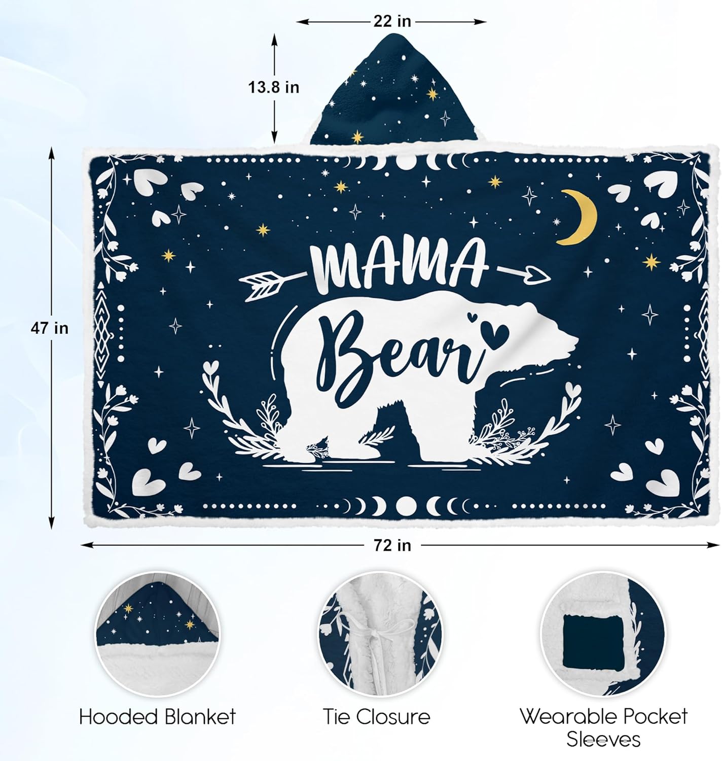 GEEMBI Birthday Gifts for Mom - Mama Bear Blue Blanket Hoodie 47x72 in - Mom Birthday Gifts from Daughter Son Husband, Mama Gift Ideas, Gift for Mother Grandma Wife, Hoodie Blanket for Women - Image 2