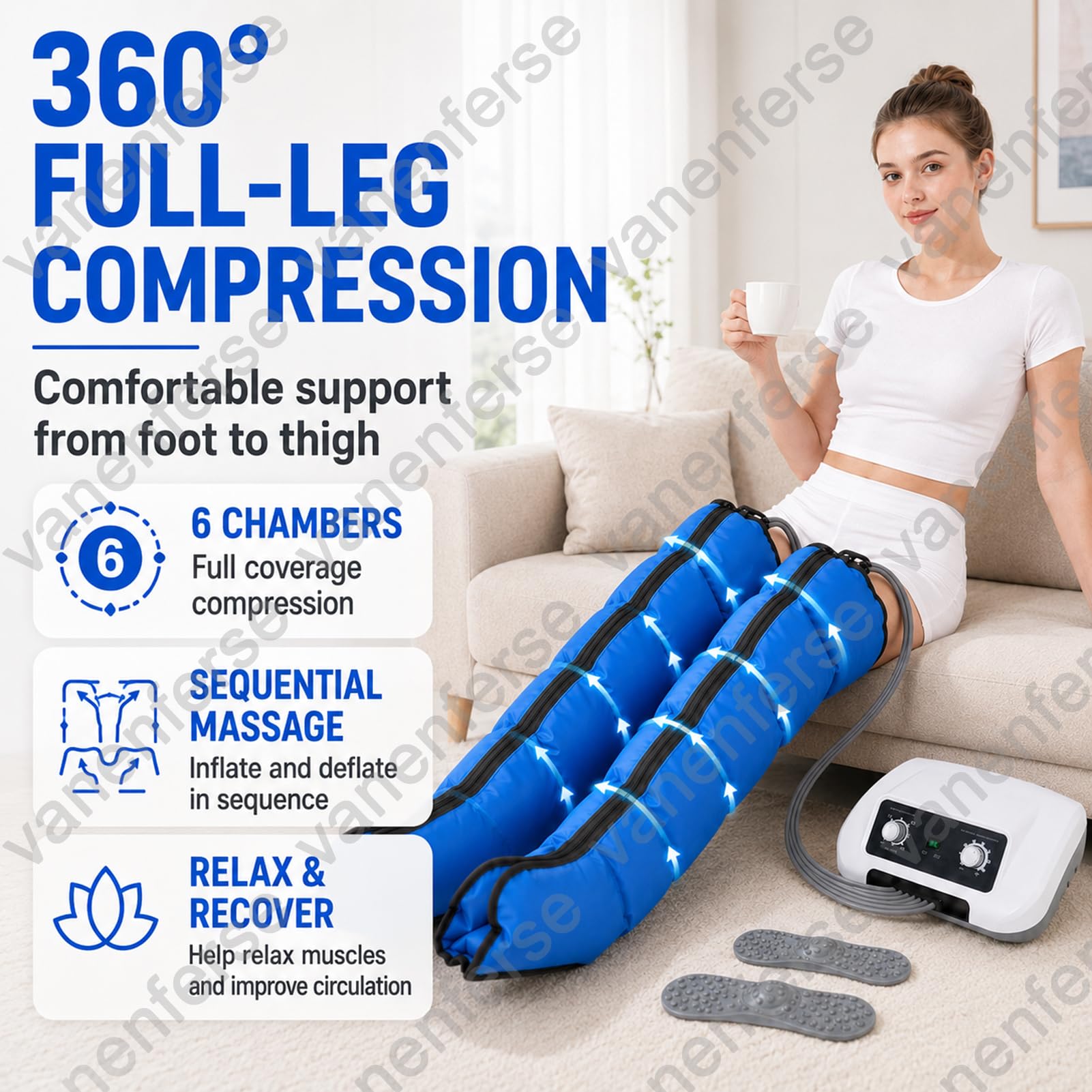 Botas Presoterapia Piernas Para Casa, 6 Cámaras | Maquina De Presoterapia Profesional Para Casa Piernas Y Abdomen, Drenaje Linfatico Circulación, 0–30 Min, 30–240 MmHg