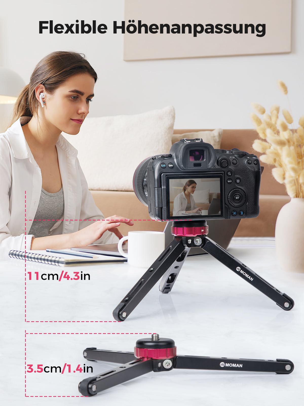 Moman Mini Tripod TR01 mały statyw stołowy, mały statyw do aparatu CNC aluminium 1/4 3/8, mocowanie śrubowe, maks. obciążenie 80 kg, do lustrzanek cyfrowych, smartfonów, gimbal, różowy