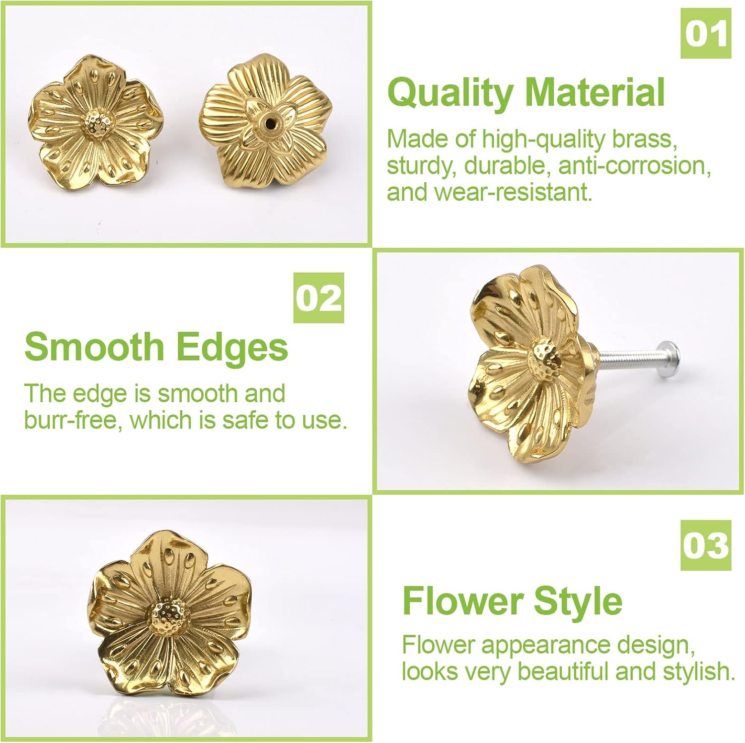 Cabinet Knobs, 4Pcs Decorative Golden Flower Shape Knob Brass Cabinet Pull Handles Single Hole Drawer Knobs with Screws for Dresser Drawer Cupboard Wardrobe, Fit 20mm/0.78" Thick Boards