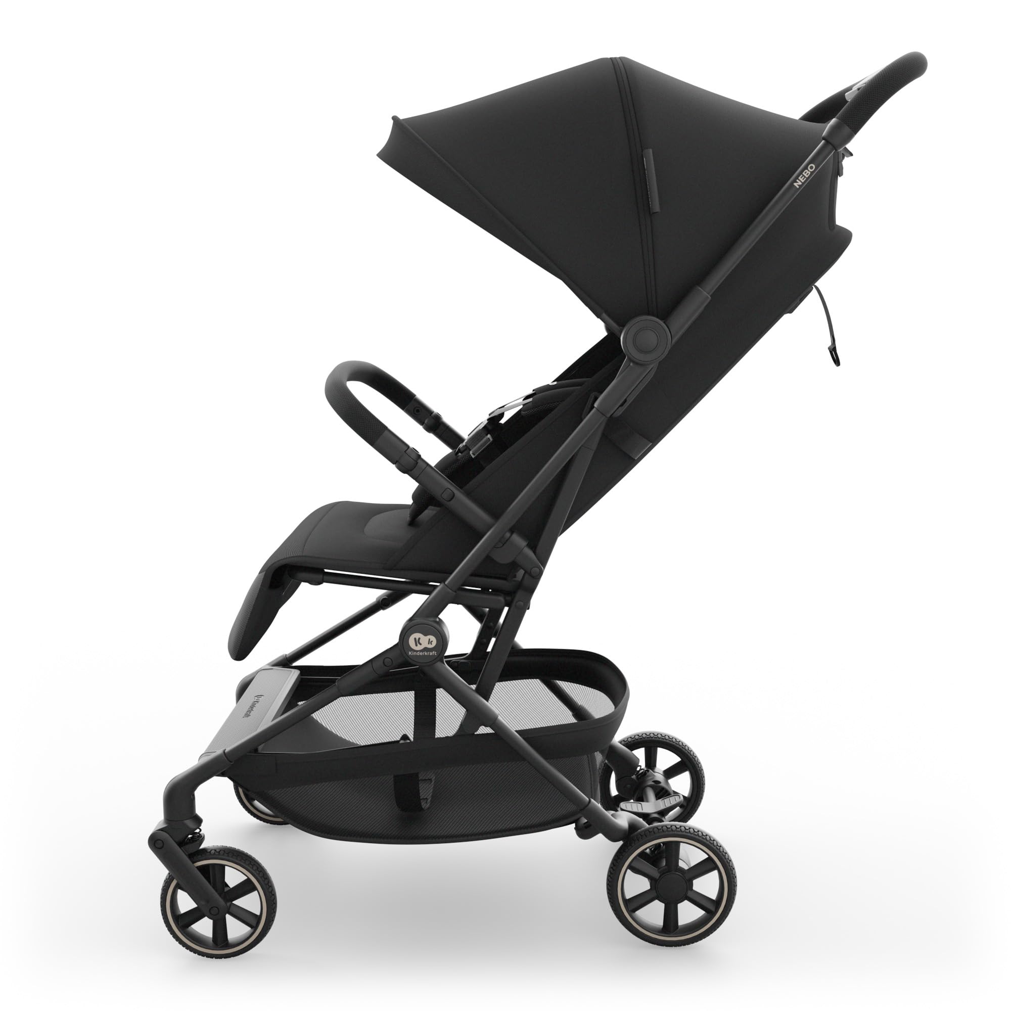 Kinderkraft NEBO Kabinenbuggy ultraleicht, Einhand-Faltmechanismus, Handgepäckmaß 51×43×21 cm, steht selbstständig, Schultergurt+Transporttasche, flache Liegeposition, 5-Punkt-Gurt, Schwarz