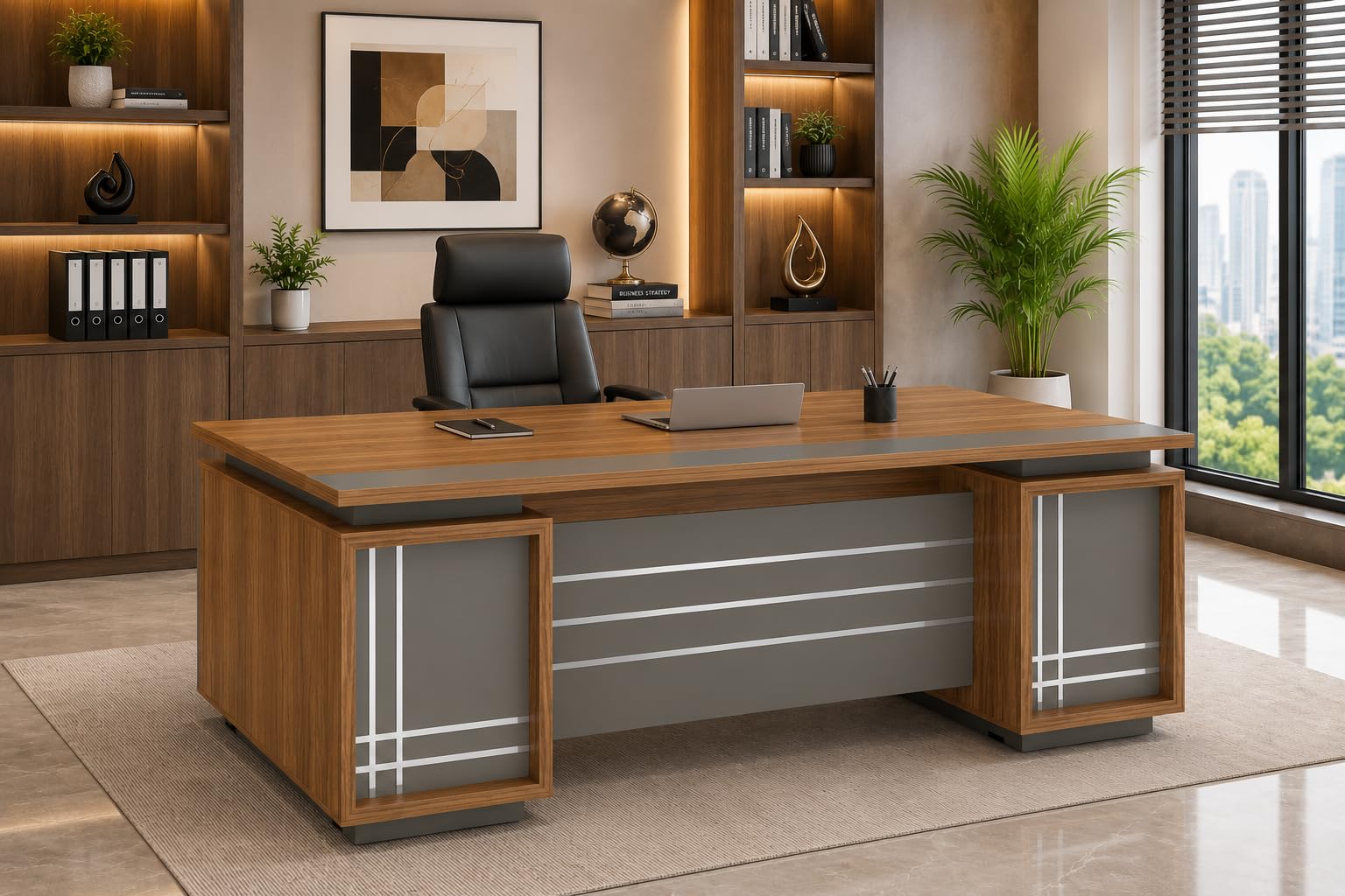 Culture Office Executive Working Table with Multi Slidng Drawers Storage Made with Greenlam MFC Boards Size 6ft x 2.5ft Colour:- Walnut with Bronze-image-2