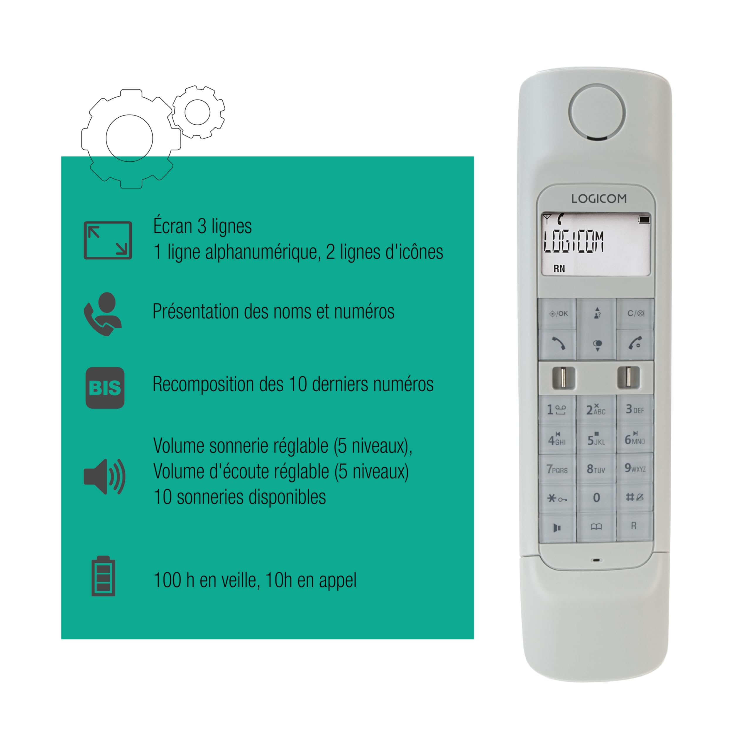 Logicom - Retro 2 DECT – Schnurloses Telefon mit Anrufbeantworter – Weiß