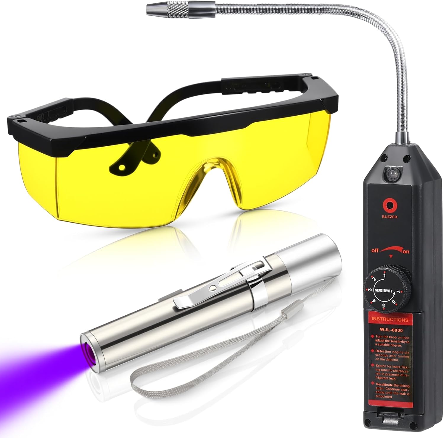 Auto Air Conditioner Leak Detector Tool WJL-6000 Refrigerant Leak Detector with 365nm LED Flashlight and UV Protective Glasses for HVAC Air Conditioner R22 R410A R134A(Black)