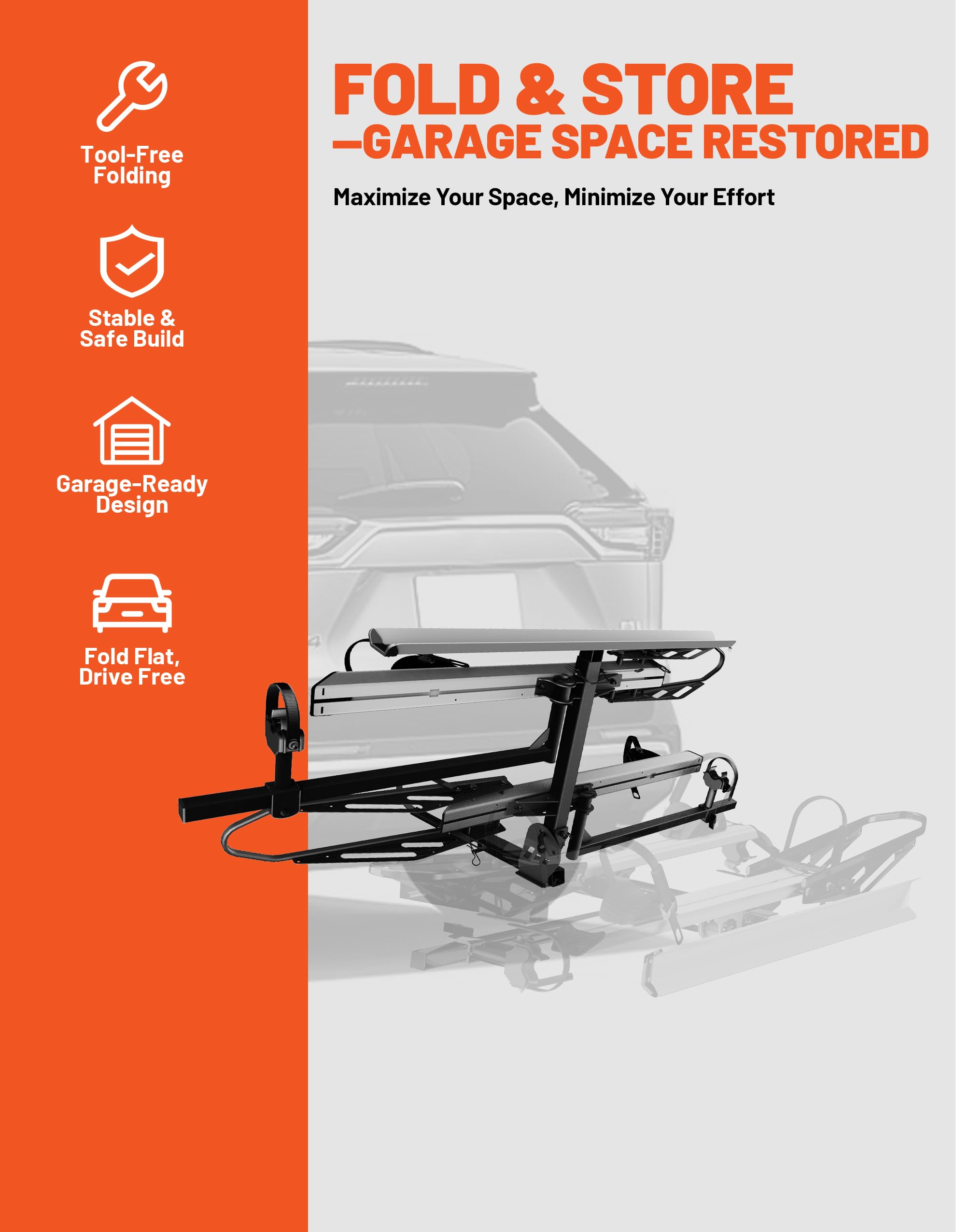 Bike Rack for Car - 2 Hitch Mount Ebike Rack with Ramp, Electric Bicycle Carrier Folding Platform E Bike Racks for Truck SUV RV Trailer, Mountain Bikes fit up to 5" Fat Tire, 200lbs Capacity