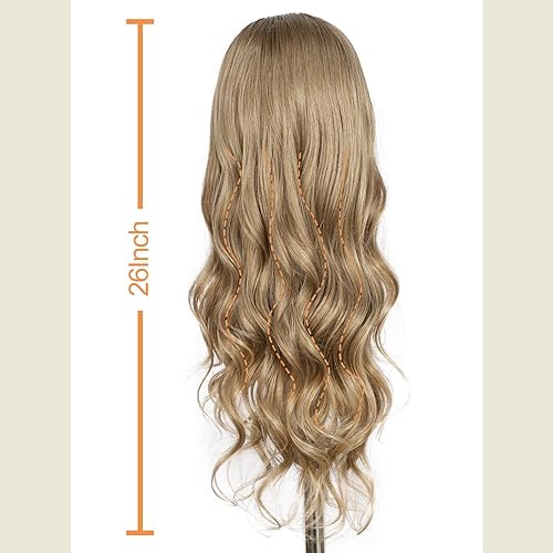 Miniatura 5 de SAPPHIREWIGS Peluca de encaje frontal marrón sintético para mujer, color marrón natural con puntas rubias cenizas, cabello ondulado resistente al