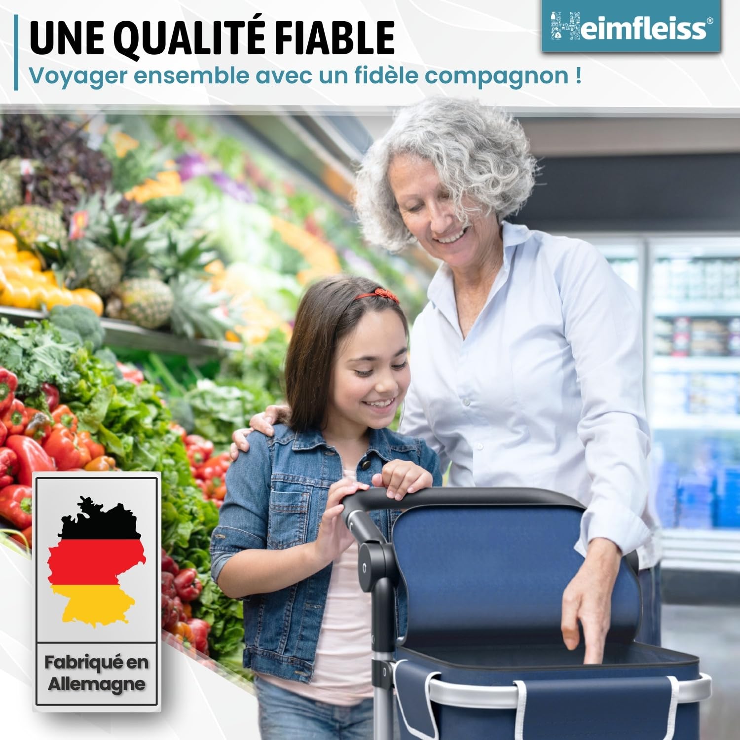 Heimfleiss® Chariot de Courses Pliable 56L | Caddie de Courses Pliant avec 50kg de Charge Utile | Sac de Courses Léger à roulettes | Chariot de Shopping XL avec Compartiment Isotherme | Bleu