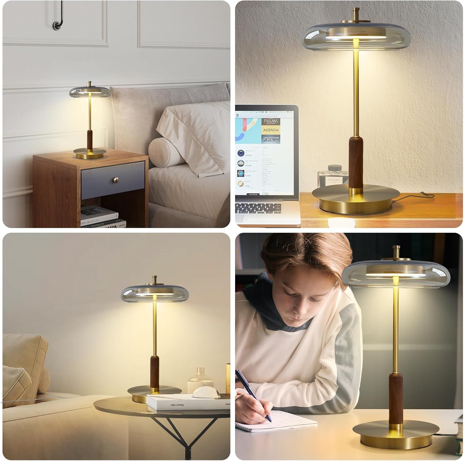 Small Table Lamp for Bedroom-Brass Base Mushroom Table Lamps,Amber Glass Shade,LED Three Color Temperature Adjustable Brightness Modern LED Side Table and Desk Lighting(H 15.4 in)