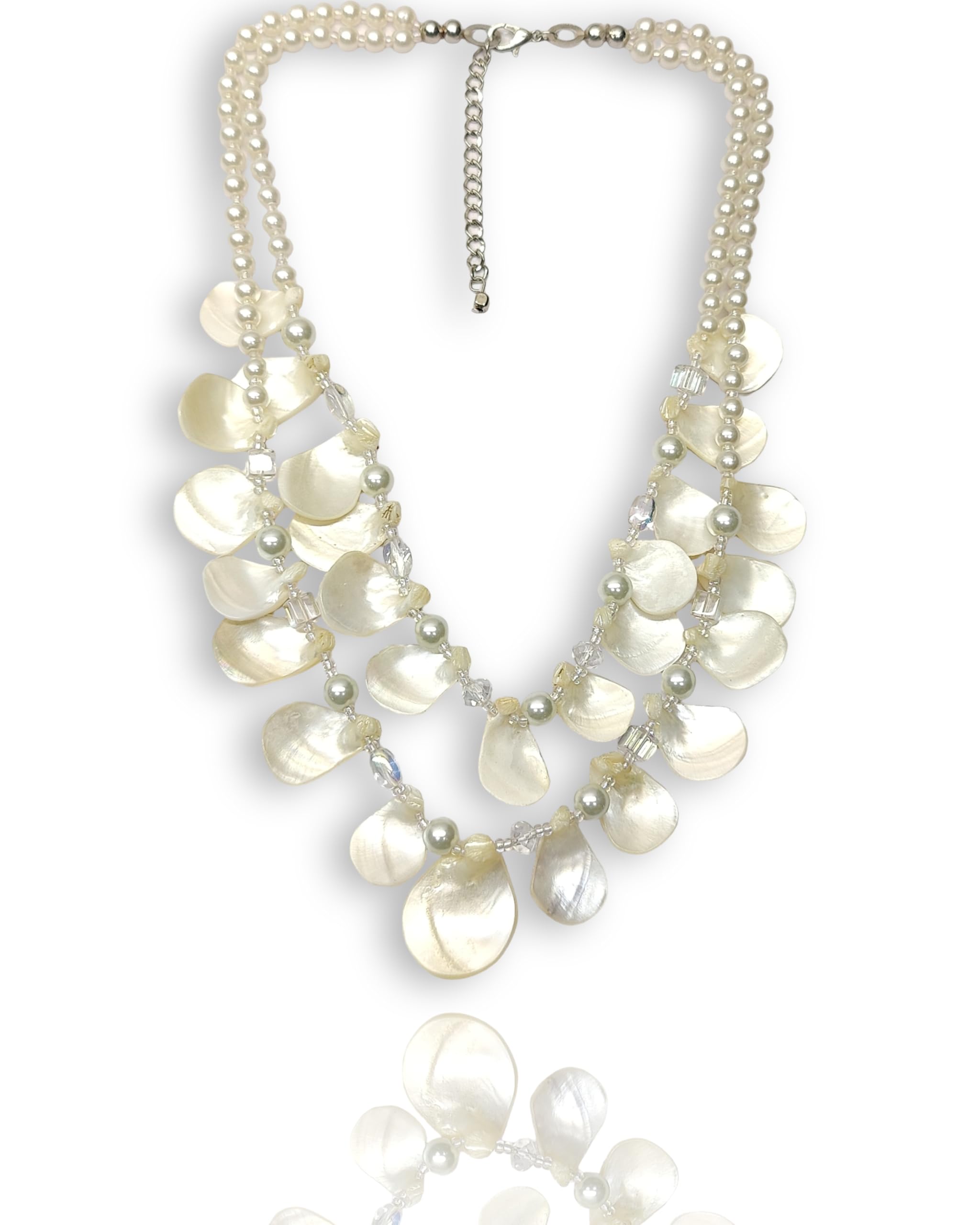 Mother of Pearl Statement Necklace with Crystal Glass and Premium Glass Pearls, Double Strand, Ivory White-image-33
