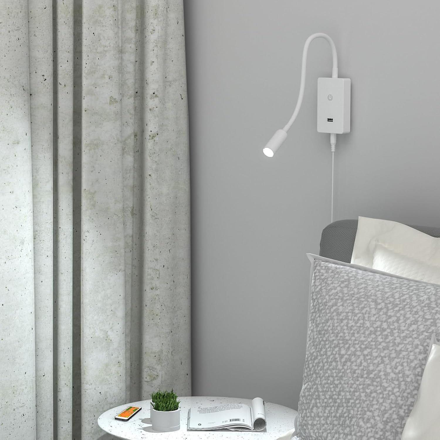 LED Wall Mounted Bedside Reading Light with Wireless Remote Control, White Flexible LED Bedroom Wall Spot Lamp, Dimmable Neutral White 4000K Lighting, Timer Function, 5V2A USB Output