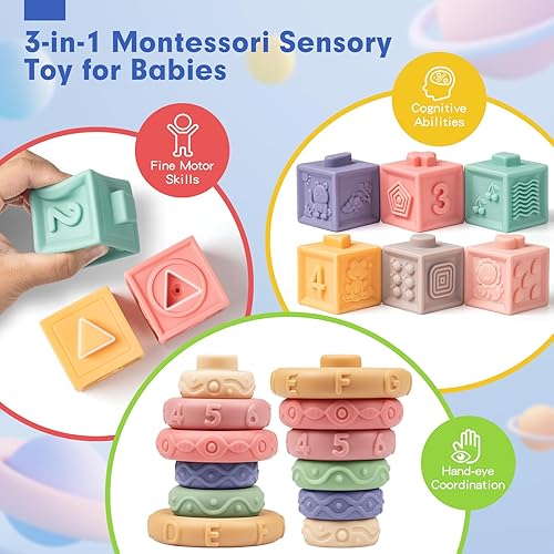 Miniatura 4 de SpringFlower Juguetes Montessori 3 en 1 para bebés de 0-3-6-12 meses, mordedores de sonajero y bloques para bebés y anillos apilables suaves,