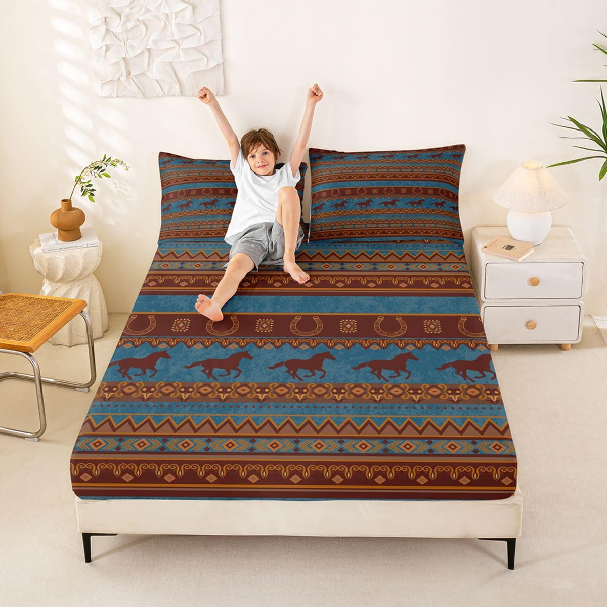 Homewish Western Cowboy prześcieradła King Rustykalne południowo-zachodnie prześcieradło z gumką, głęboka kieszeń, 40 cm, niebieski i brązowy, plemienny, aztecki zestaw pościeli, dzikie konie, podkowa