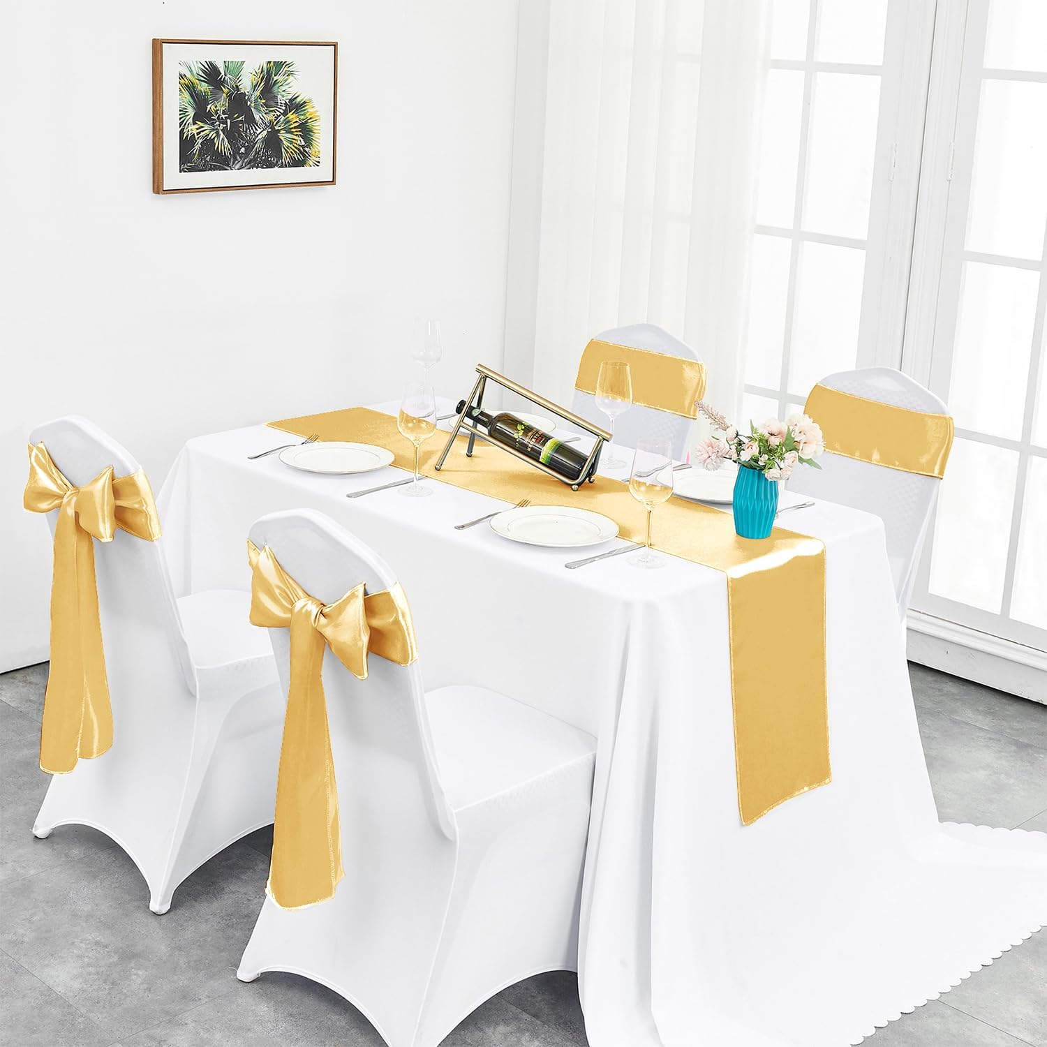 10-Pack Gold Satin Table Runner 12 x 108 Inch Long Fuchsia Bright and Smooth Silk Fabric Table Runner for Wedding Banquet Birthday Party Decoration