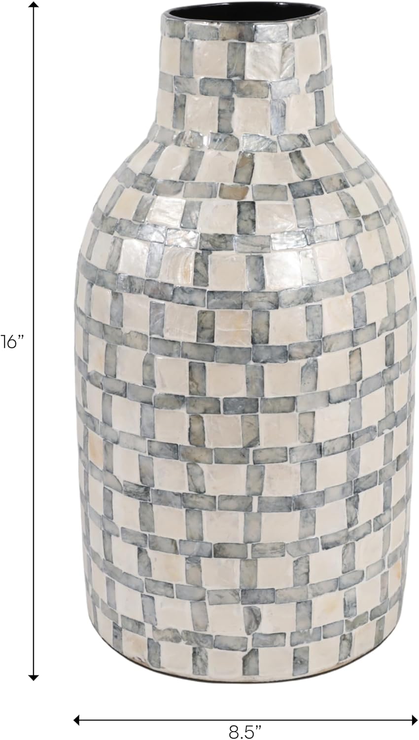 Decorative Plaid Pattern Vase for Living Room Decor - Contemporary Home Decor Accent for Bedroom, Office, or Table Styling - Stylish Flower Vase for House or Shelf Display - 16", Ivory & Gray