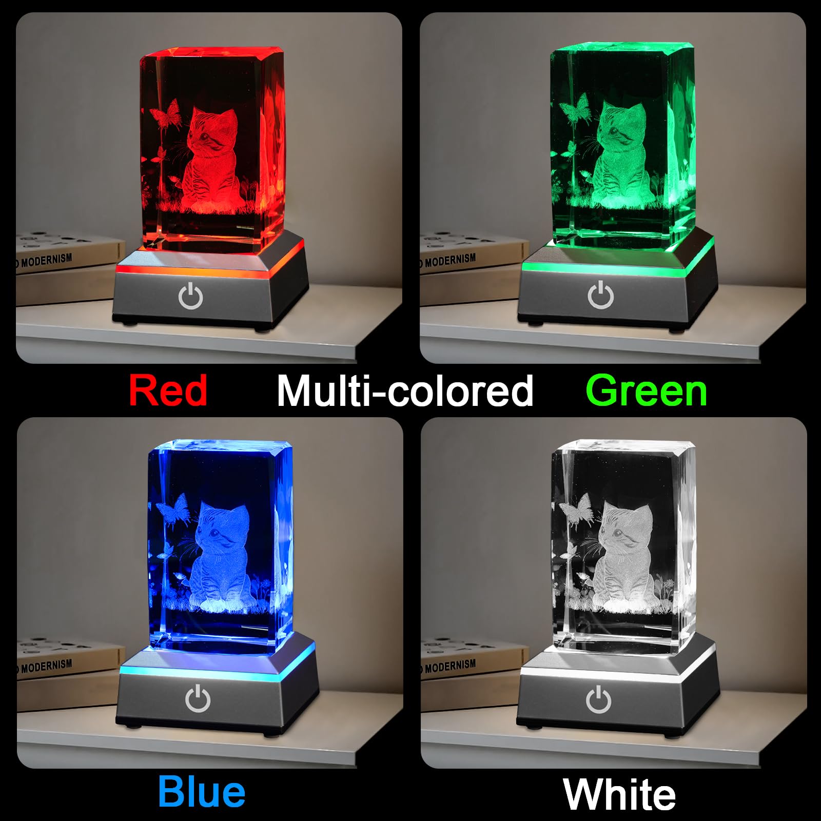 Luz nocturna de cristal 3D con base LED multicolor grabada con láser, regalo para mujeres, amantes de los gatos, cumpleaños, Navidad, decoración de habitación