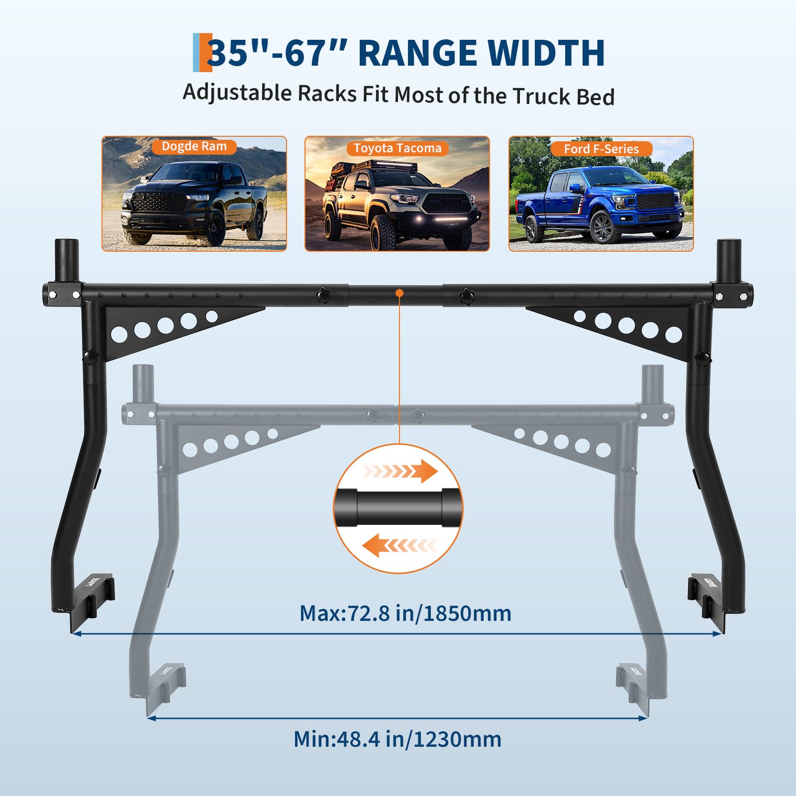Garvee Support d'échelle Robuste pour Pick-up – Rack de Benne Extensible 123-185 cm, capacité 1000 LB, Installation sans perçage, idéal pour échelles, Kayaks, matériaux et Outils – Acier – Noir