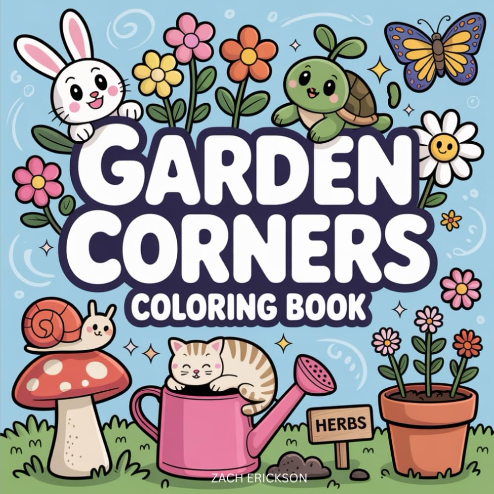 Garden Corners Coloring Book: Bold and Easy Coloring Book for Adults and Teens Featuring Cute and Cozy Garden Corners with Whimsical Characters