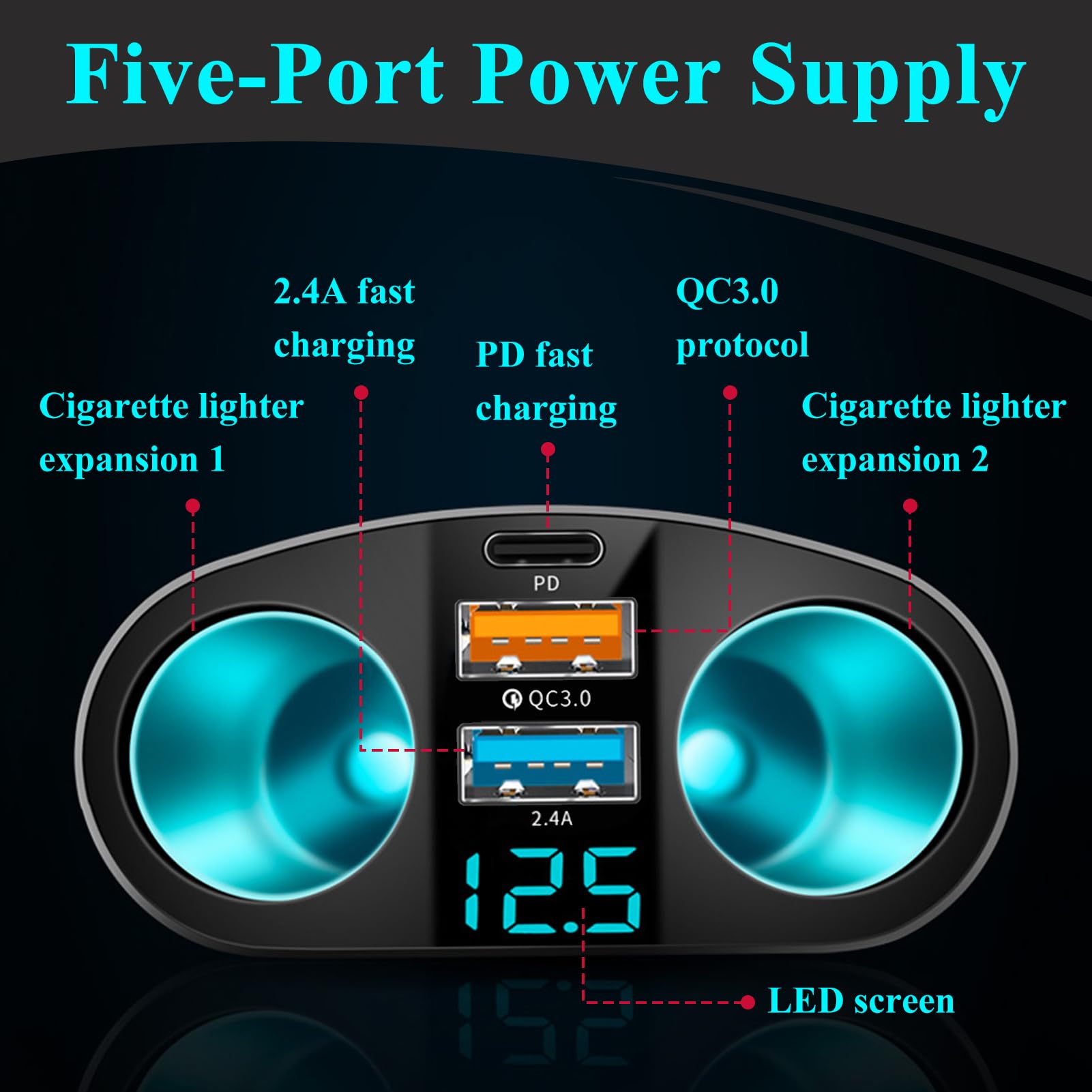 Ładowarka samochodowa zapalniczka papierosowa, zapalniczka samochodowa, szybkie ładowanie, USB C QC3.0 i PD 120 W 12 V/24 V, adapter zapalniczki z woltomierzem LED, wiele portów USB, szybkie ładowanie