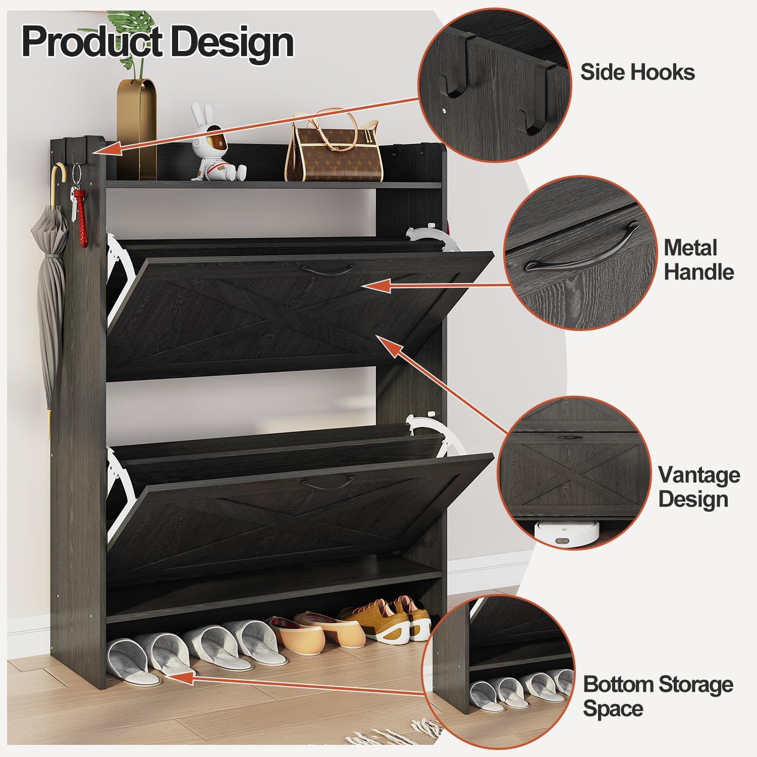 Shoe Cabinet with 2 Flip Drawers & Adjustable Shelf,Wood Shoe Organizer,Freestanding Hidden Shoe Storage Cabinet for Entryway,Hallway (Black)