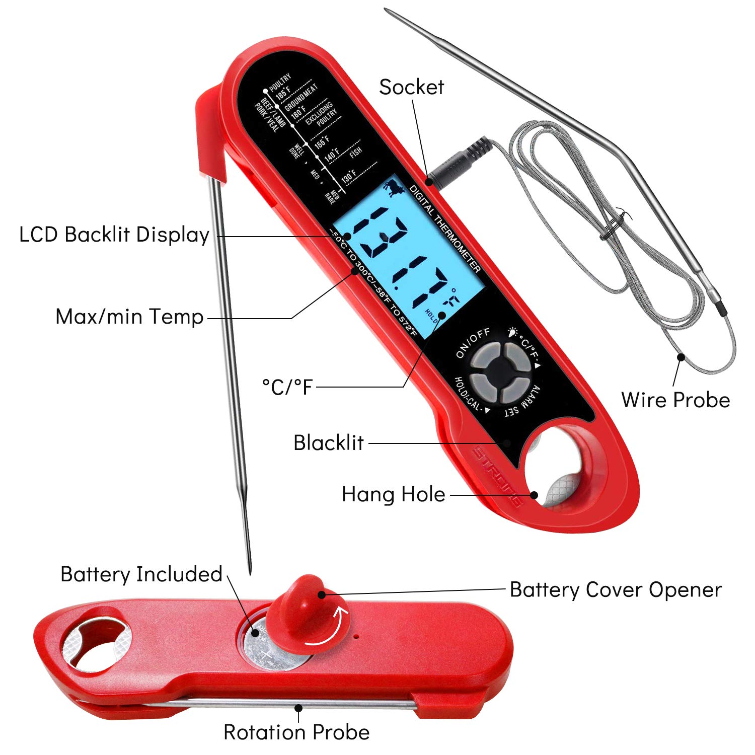 review ROMANTIC BEAR Meat Thermometer for Kitchen Cooking,Food Thermometer,Digital, Corkscrew, Waterproof Led Screen,Instant Read, Foldable 180°Rotatable, Suitable for Grill,Soup,Steak
