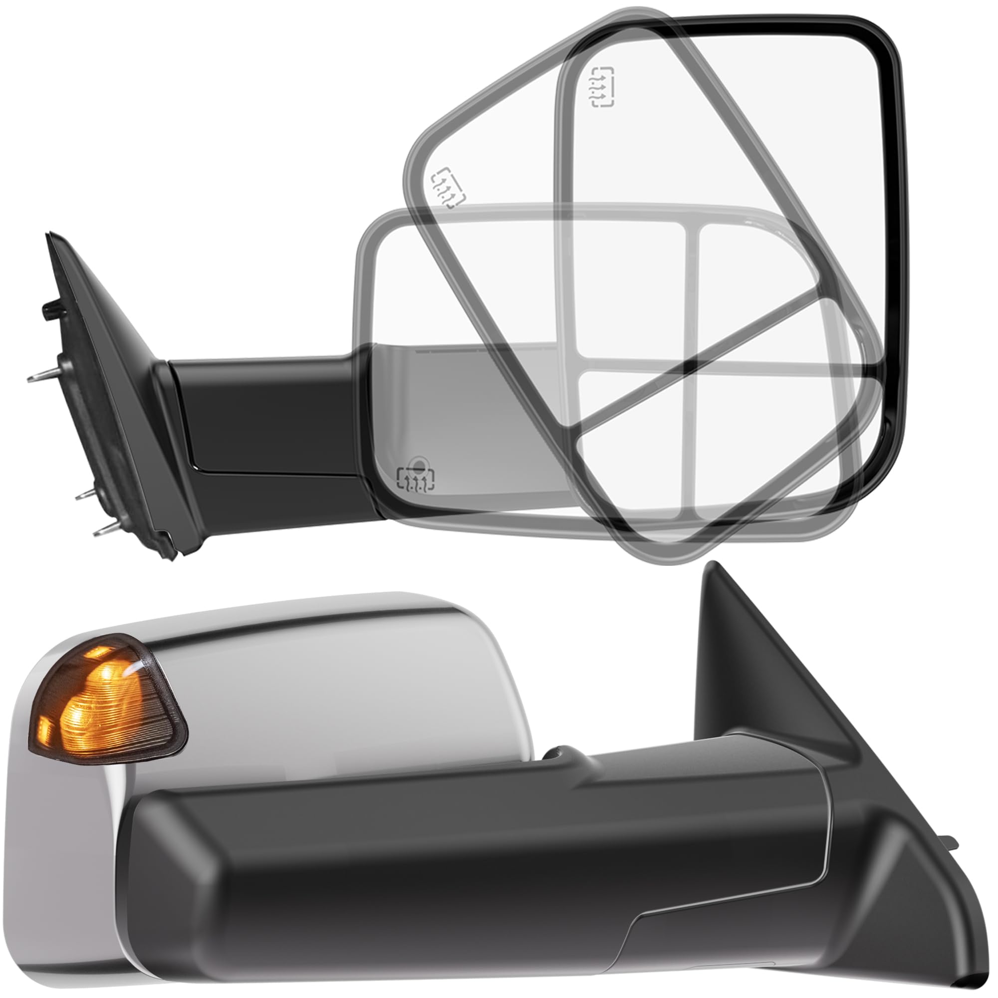 smoked power heated tow mirrors compatible with 2009-2018 dodge ram 1500, 2010-2018 2500 3500, 2019-2024 ram 1500 classic, manual flip & fold tow side mirrors, turn signal, puddle light, temp sensor