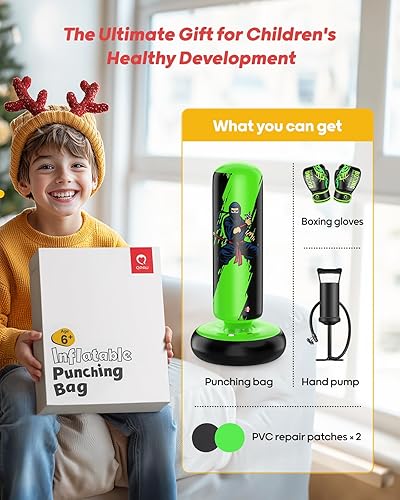 Miniatura 7 de QPAU Saco de boxeo para niños, bolsa de boxeo inflable estable de 66 pulgadas con guantes de boxeo, juguete de saco de boxeo para niños y niñas de 5