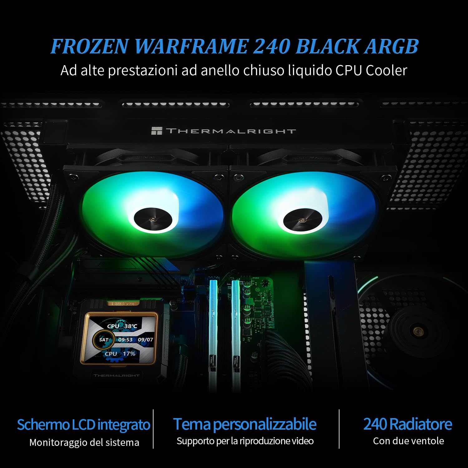 TR FW240 Black ARGB CPU Cooler wody z 2 wentylatorami PWM, prędkość pompy wodnej wynosi 3000 obr./min, łożysko S-FDB, do AMD AM4/AM5, Intel LGA1150/1155/1200/1700/2011, ekran IPS LCD