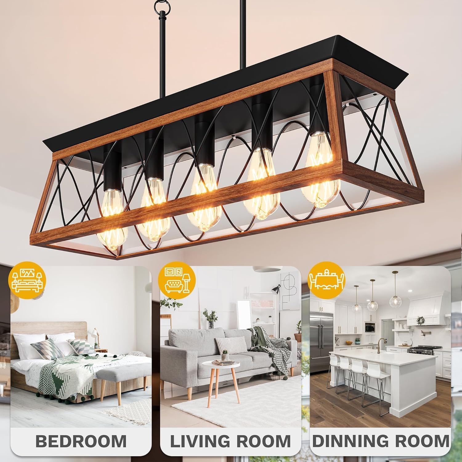 DWVO 5-Light Pendant Lights Island Fixture, Farmhouse Rustic Rectangular Chandelier for Dining Room, Kitchen, Living Room, Entryway