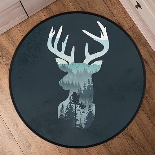 Miniatura 6 de Alfombra redonda de 3 pies con diseño creativo de ciervos del bosque, lavable, antideslizante, alfombra circular para sala de estar, dormitorio,
