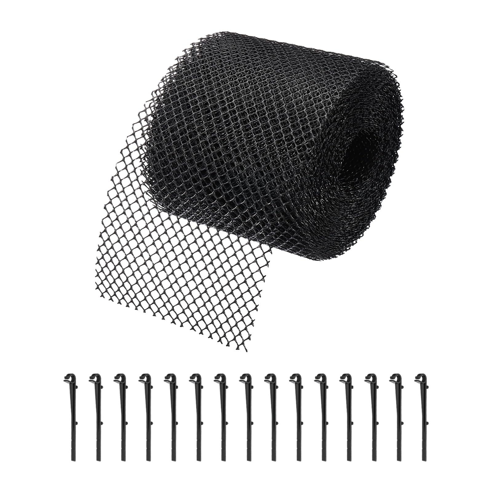 sourcing map Plastic Gutter Guard Mesh Roll, 65.6ft x 5.91 Inch Gutter Guard, Mesh Guards Leaf Protector with 15Pcs Black Clips from Leaves, Twigs, Branches, Debris