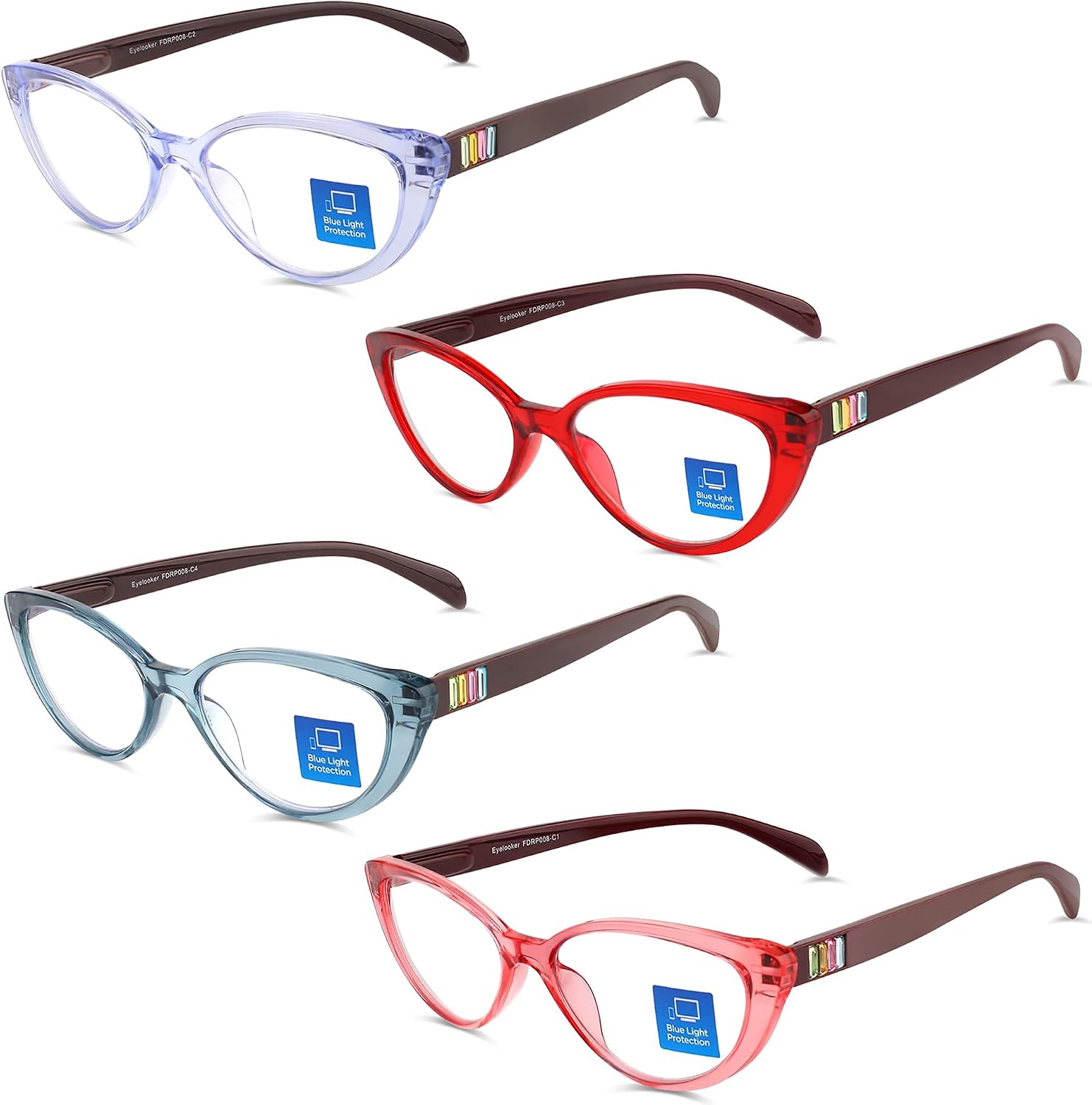 4 Pack Reading Glasses Blue Light Blocking for Women Rhinestone Cat Eye Stylish Readers with Soft Pouches Lightweight Eyeglasses Anti Eye Strain/Glare/UV 2.00