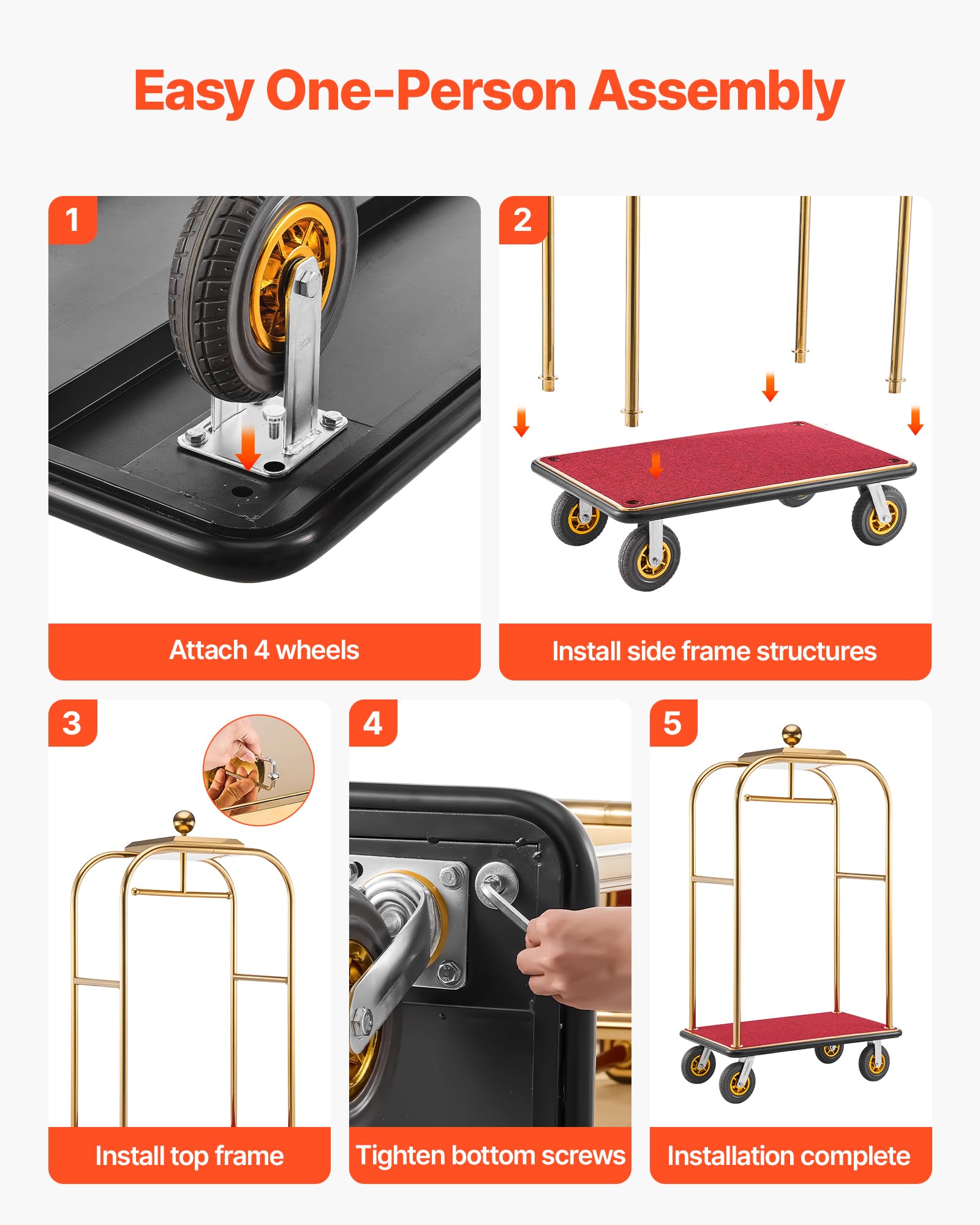 VEVOR Carrito de Transporte para Hotel, Carro de Equipaje con Barra para Colgar de Acero Inoxidable con Plataforma Roja de 1080 x 640 mm, Capacidad 544 kg con Ruedas de Goma para Resorts Recepciones