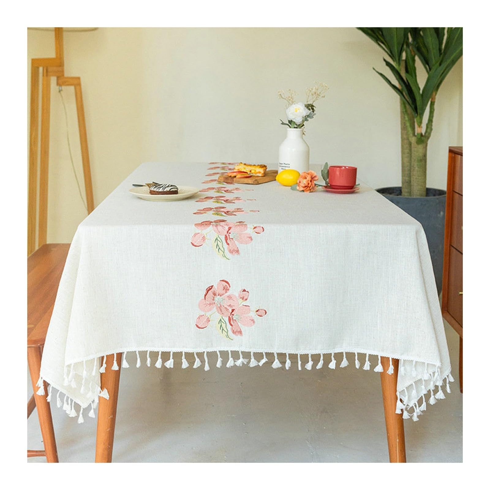 Nappe coton lin 90x140cm KnSam avec franges rose à rayures rectangulaire