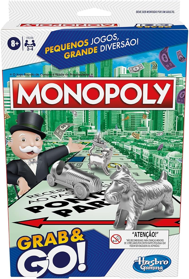 Hasbro Gaming Monopoly Grab and Go, jogo de tabuleiro portátil em plástico com peças de casas e dinheiro, brinquedo para crianças acima de 8 anos