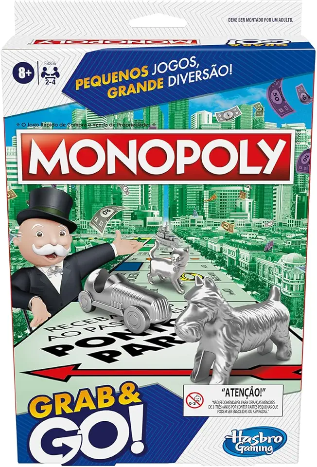 Hasbro Gaming Monopoly Grab and Go, jogo de tabuleiro portátil em plástico com peças de casas e dinheiro, brinquedo para crianças acima de 8 anos, presente