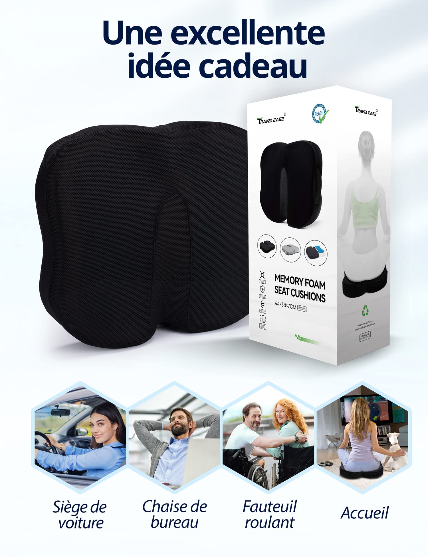Travel Ease Coussin de Siège Ergonomique, Coussin de Chaise en Mousse à Mémoire Gel avec Base Antidérapante pour Confort Longue Durée, Coussin de Hanche pour Chaise de Bureau, Siège de Voiture (Noir)