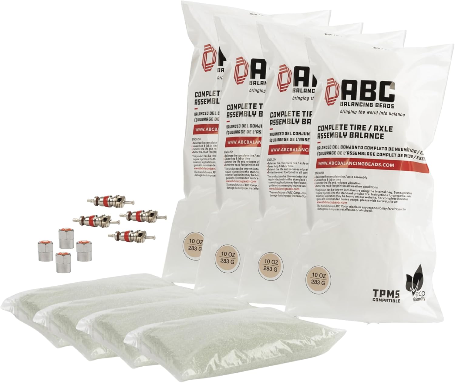 ABC Balancing Beads | Complete Tire, Wheel and Axle Assembly Balance for Full Size Pick Up Trucks, Off-Road Vehicles and SUVs | DIY Kit with 4-10oz Bags (40oz) Balancing Beads, 4 Valve Cores, 4 Caps