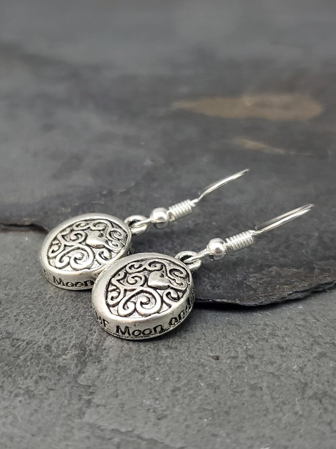 Love You to the Moon and Back Charm Earrings, Handmade Antique Silver Celestial Heart Dangle Jewelry - Image 4