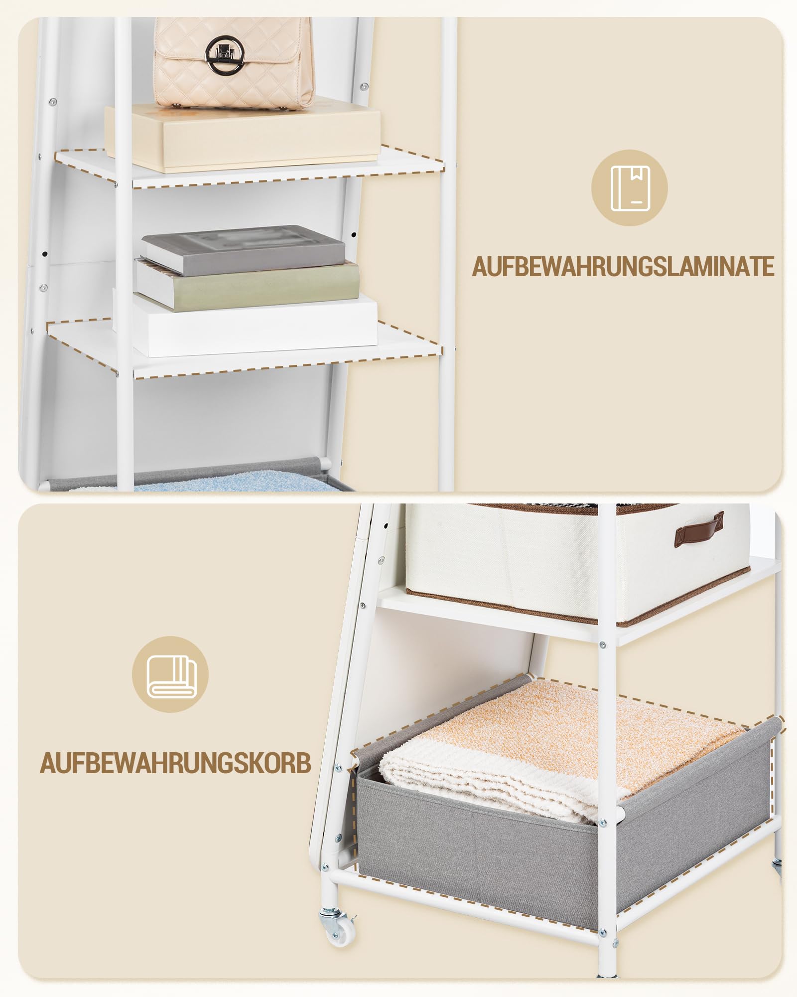 Hzuaneri Ganzkörperspiegel, Standspiegel mit Kleiderständer, 165 x 50 × 45cm, 360° Drehbare Rollen, Großer Spiegel mit Aufbewahrungsbox und Haken, für Schlafzimmer und wohnzimmer, Weiß DM41703W