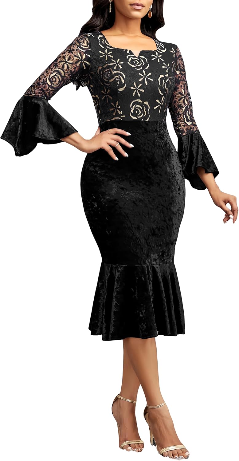 Midi Lace Dress for Women Sexy Bodycon Fishtail Dress Elegance Cocktail Party Banquet Church Outfits - Image 3