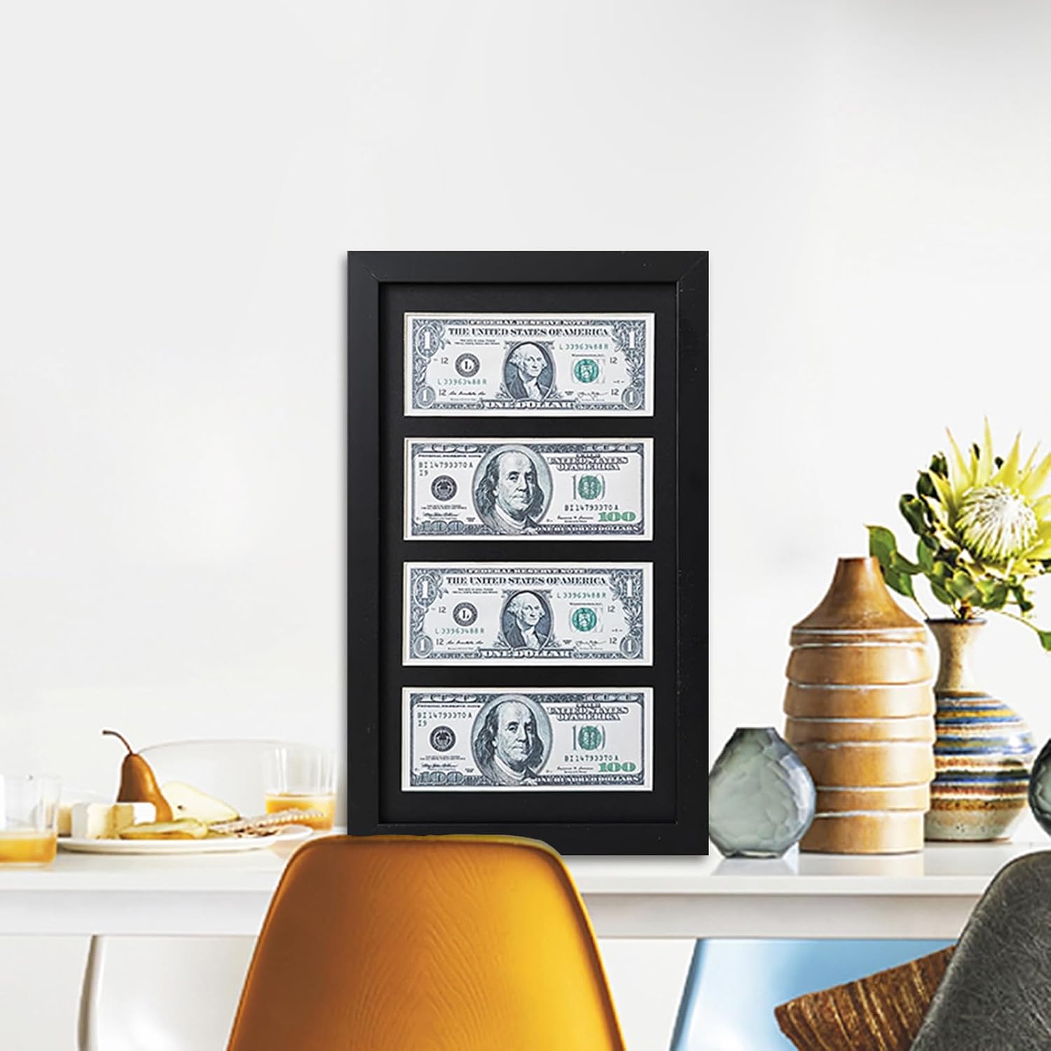 4 Dollar Bill Frame, Wooden Picture Frame 2.5x6 Inch Black Dollar Bill Picture Frame with Mat. Includes Easel and Wall Mount.