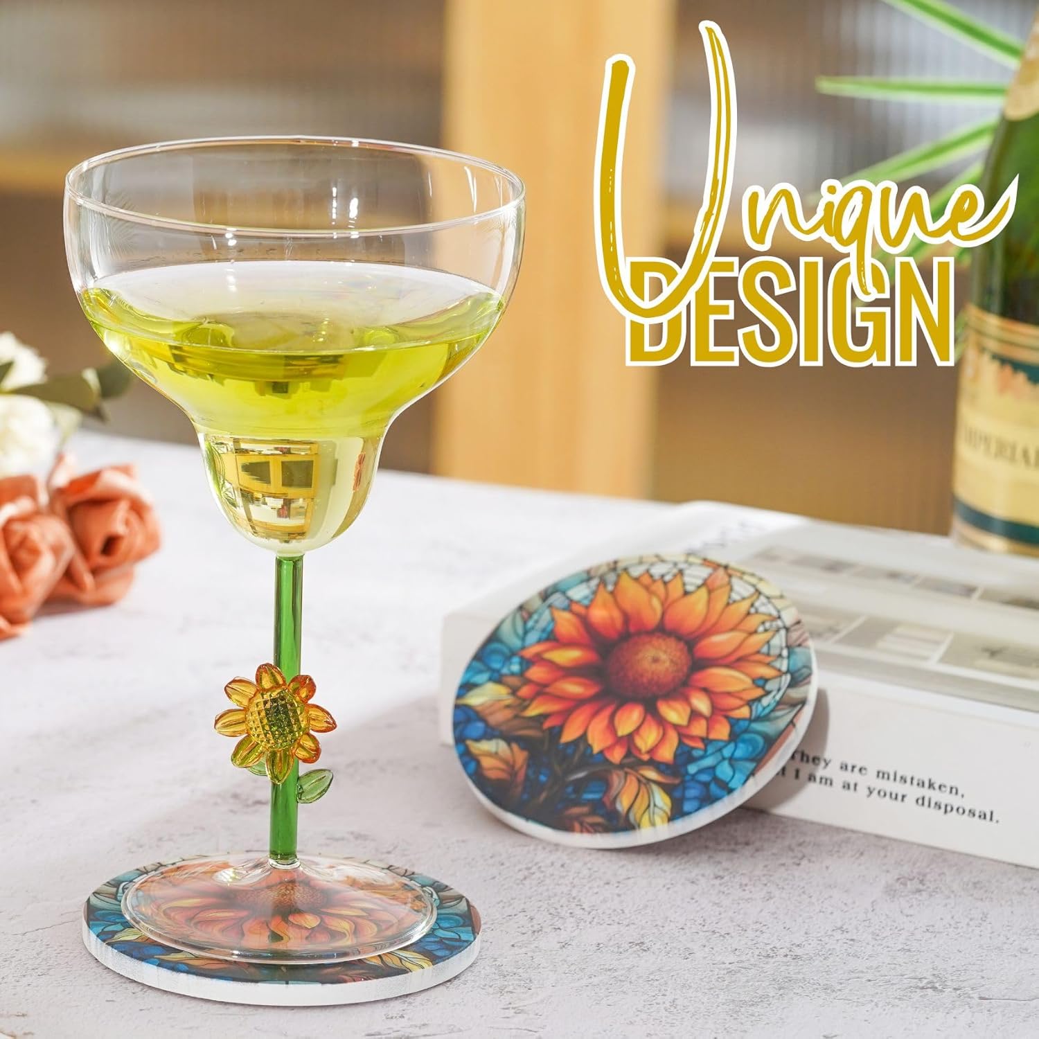 Onebttl Sunflower Gifts for Sunflower Lovers, Margarita Glass with Coasters, Perfect for Christmas & Birthday