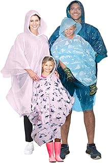 Disposable Rain Poncho Family Pack of 8 for Adults and Kids, Emergency Rain Ponchos for Hiking, Travel, Parks - Rain Capes Ponchos with 4 Hooded Ponchos for Adult, 4 Kids Ponchos with Fun Designs