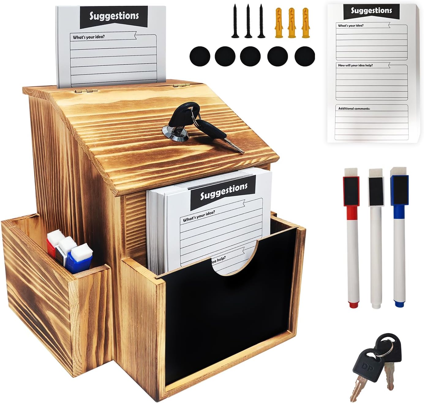 Suggestion Box with 50 Suggestion Cards 3 pens Wood Donation Box with Slot and Lock Prayer Boxes for Fundraising ballot box Tip Drop Ballot Boxes with Double-sided Chalkboard and Keys