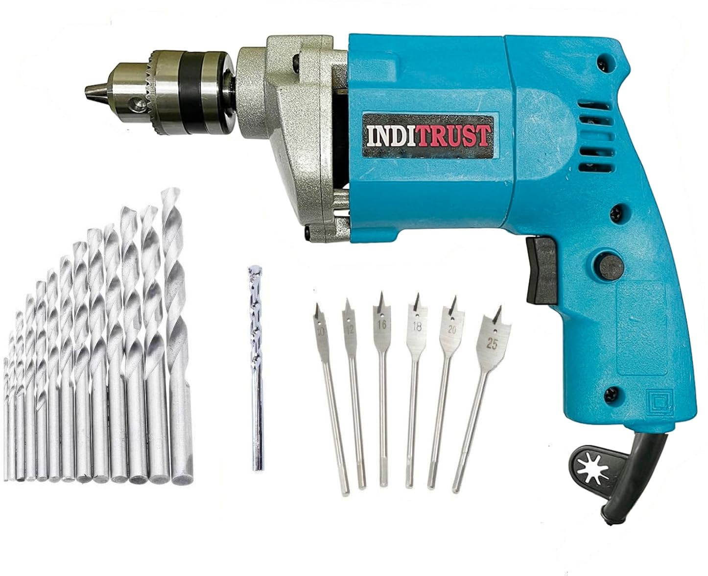 Inditrust New 6-Month Warranty 10mm Electric Drill machine with 13pc HSS bit 1pc Masonry 6pc Flat wood bit (Pack of 4) Pistol Grip Drill-picture-8